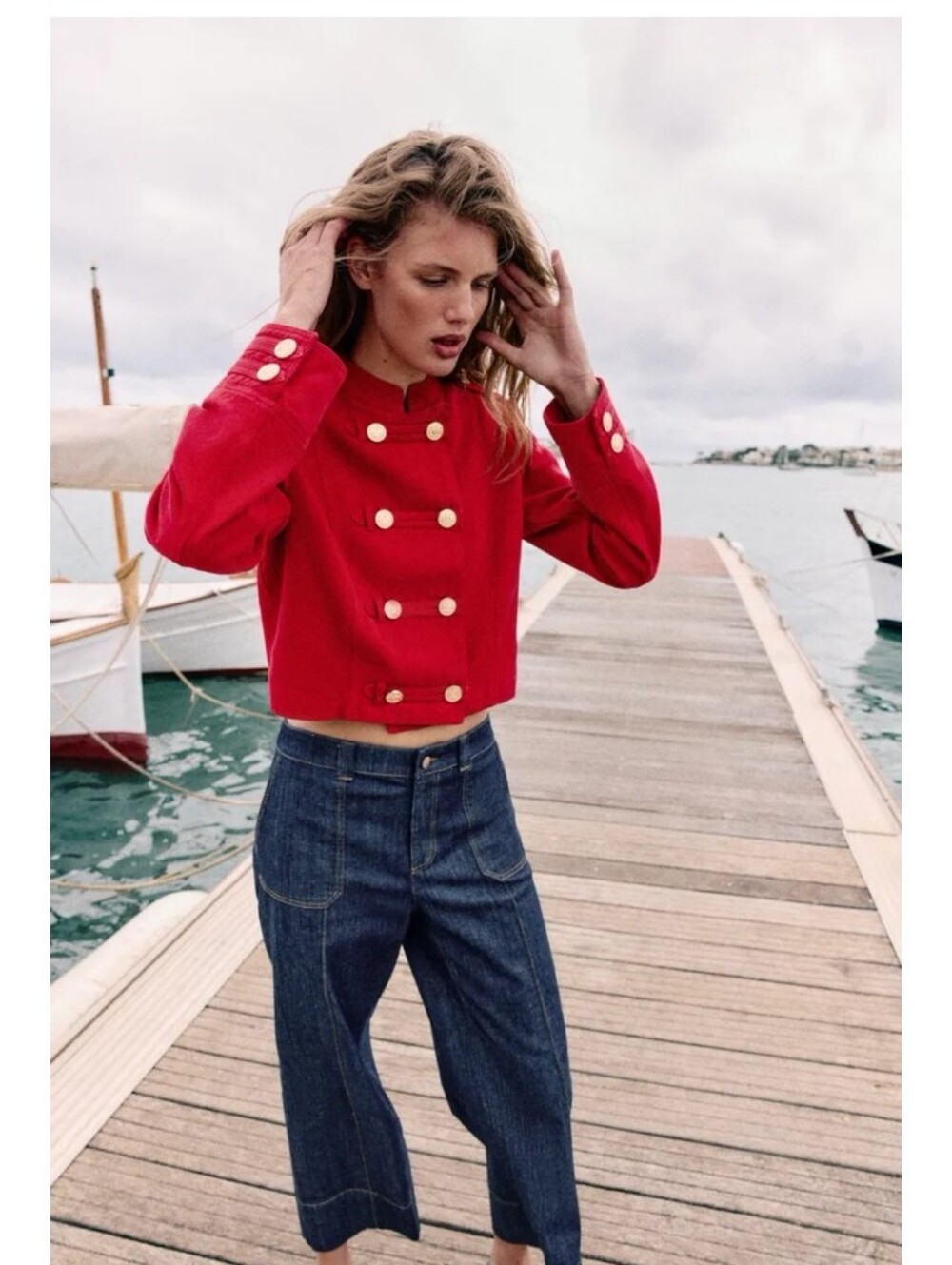 Zara Red Linen Blend Double-Breasted Fitted Cropped Jacket with Gold Buttons M - Picture 7 of 12
